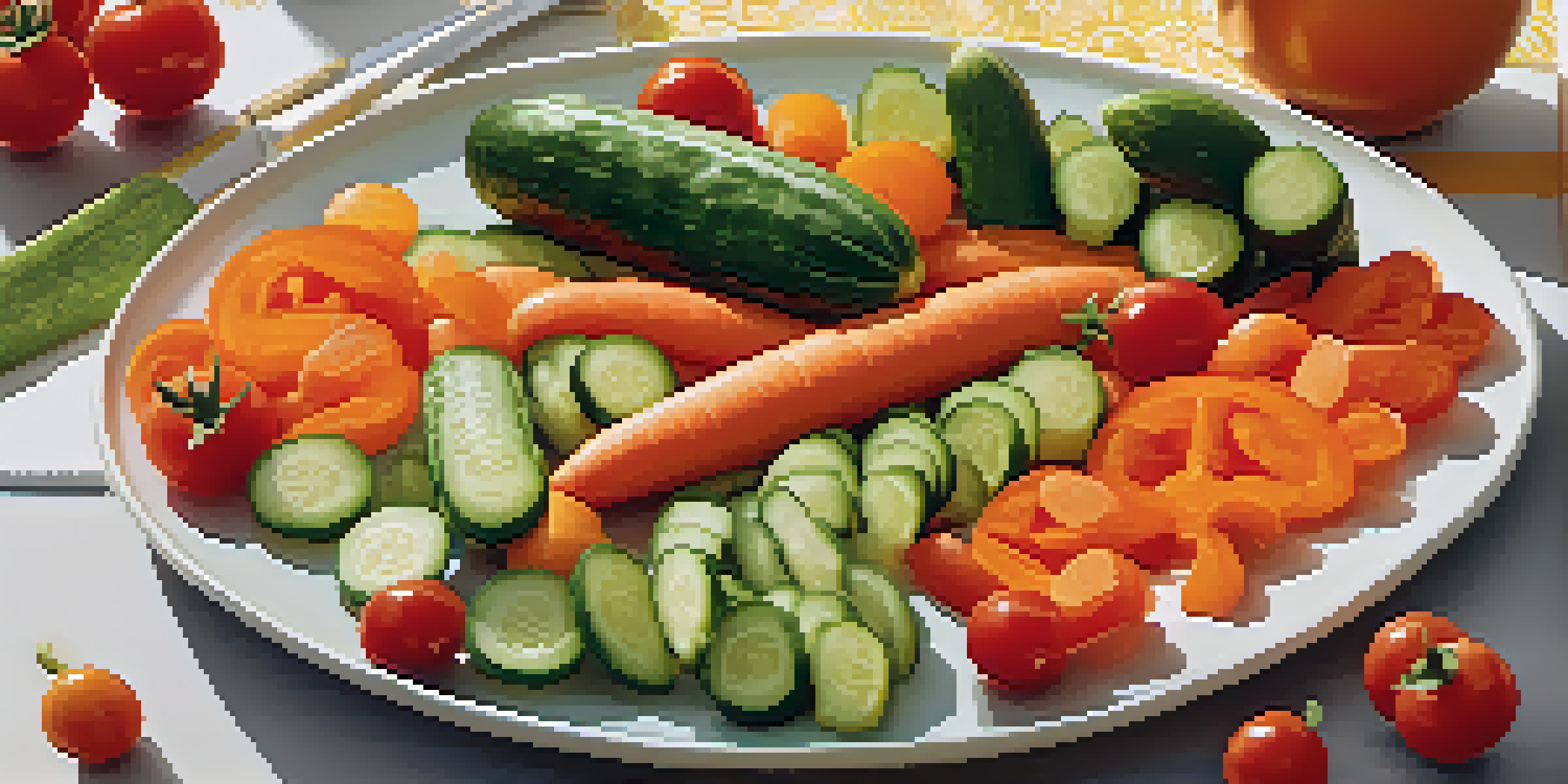 A colorful plate of playful vegetable characters including star-shaped cucumbers and animal-shaped carrots, set in a sunny kitchen.