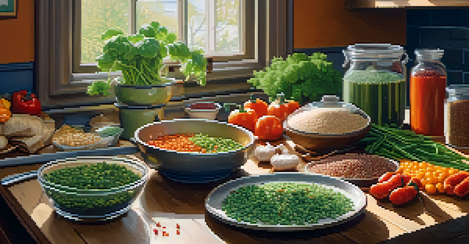 A cozy kitchen with meal prep containers filled with grains, legumes, and vegetables, highlighting the preparation process.