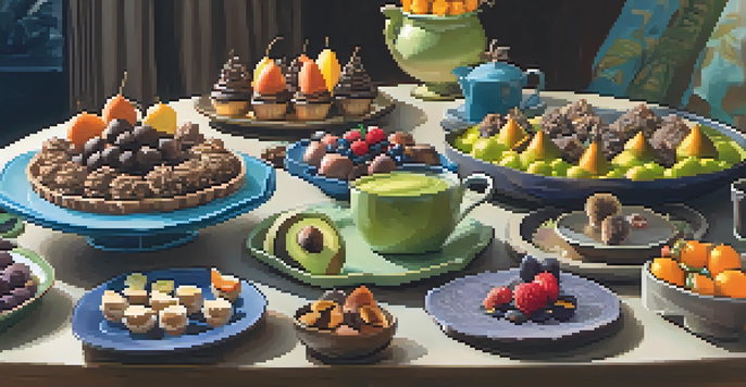A colorful potluck table displaying various vegetarian desserts, including chocolate mousse, sweet potato brownies, and energy bites, arranged attractively.