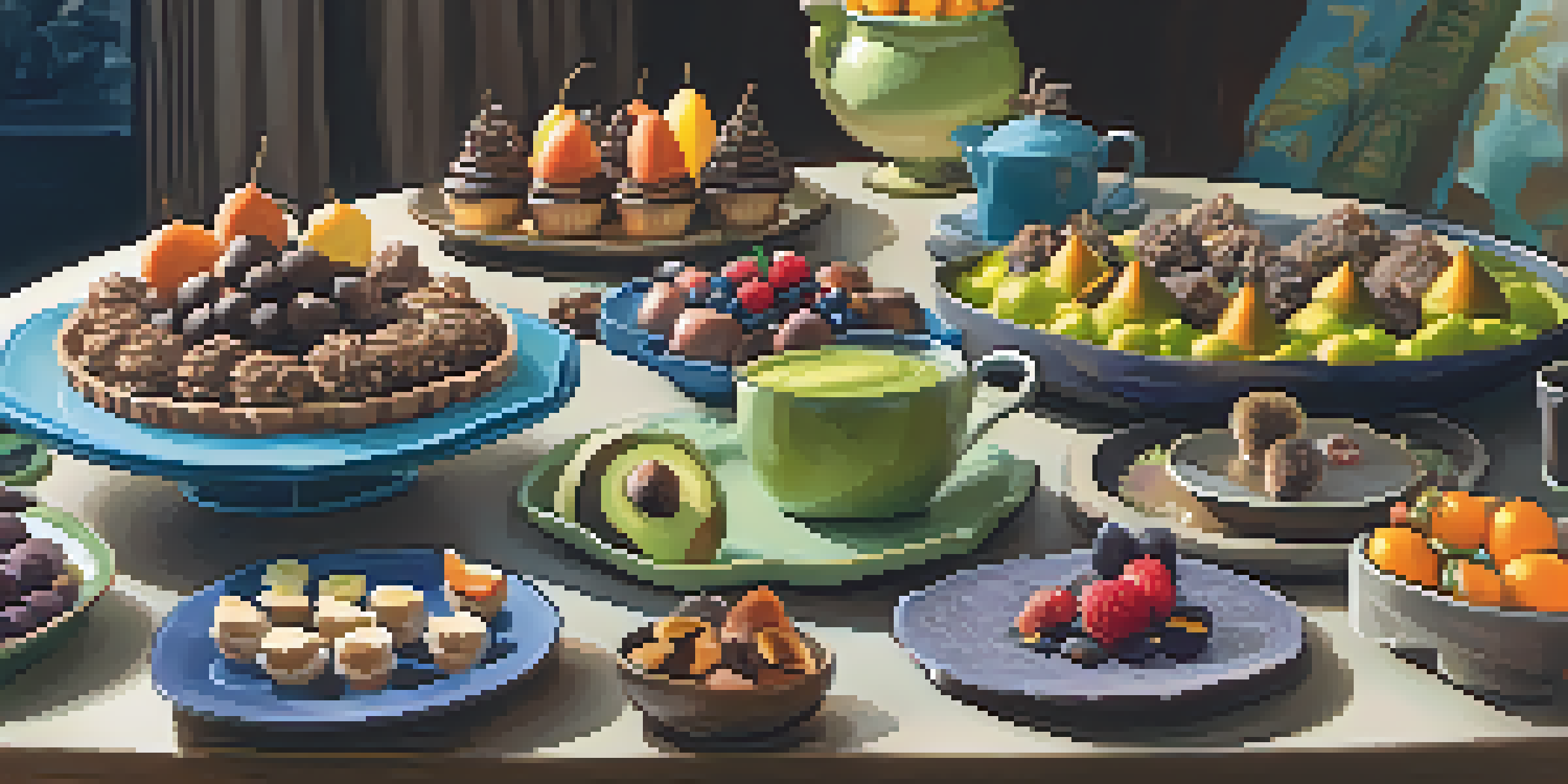 A colorful potluck table displaying various vegetarian desserts, including chocolate mousse, sweet potato brownies, and energy bites, arranged attractively.
