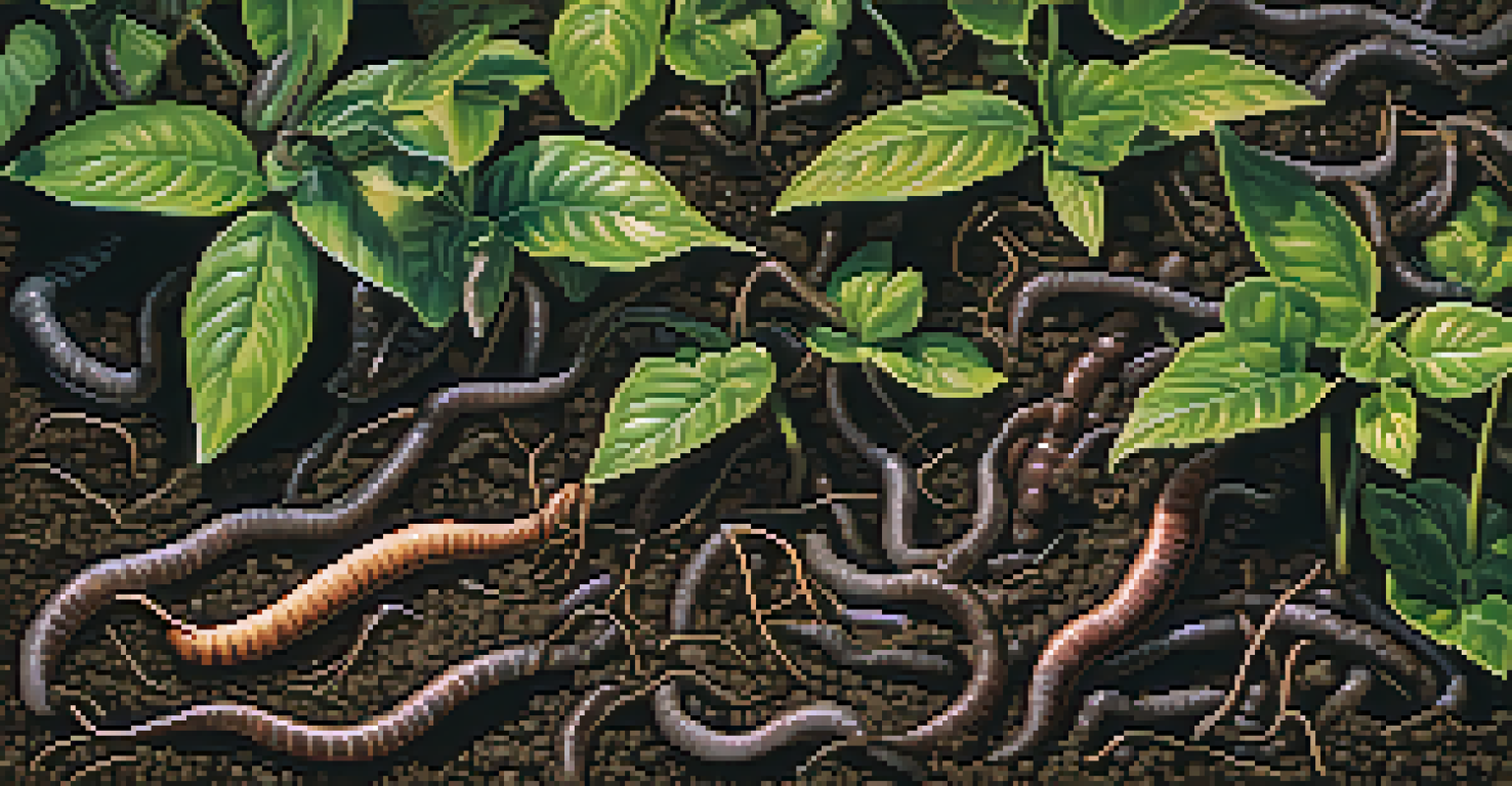 A close-up view of healthy soil with earthworms and plant roots, illuminated by soft sunlight.