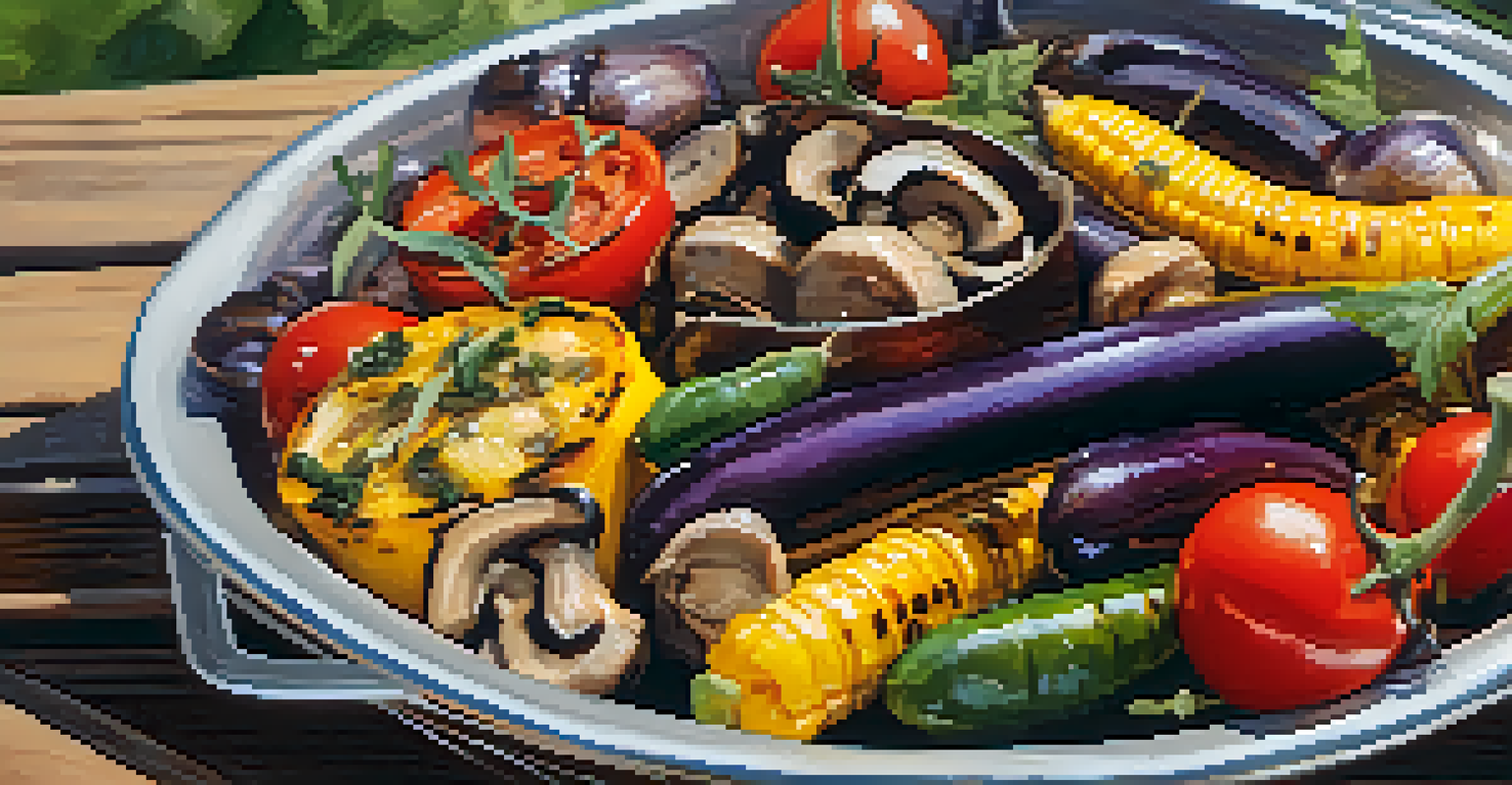 Close-up of a grill basket with a variety of grilled vegetables like eggplant and mushrooms, highlighting their vibrant colors.