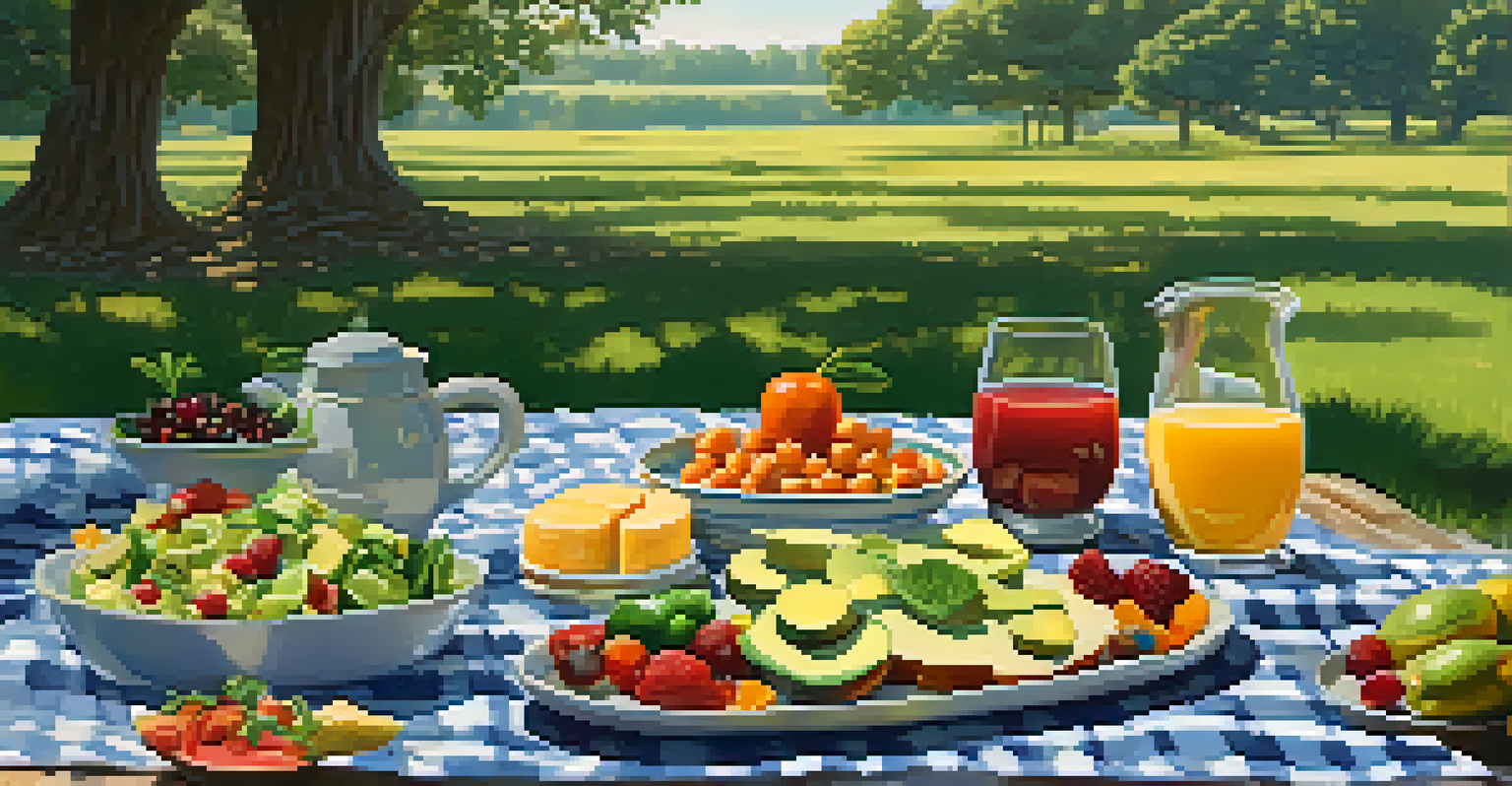 A picnic scene with a variety of colorful vegetarian dishes laid out on a checkered blanket in a grassy field.