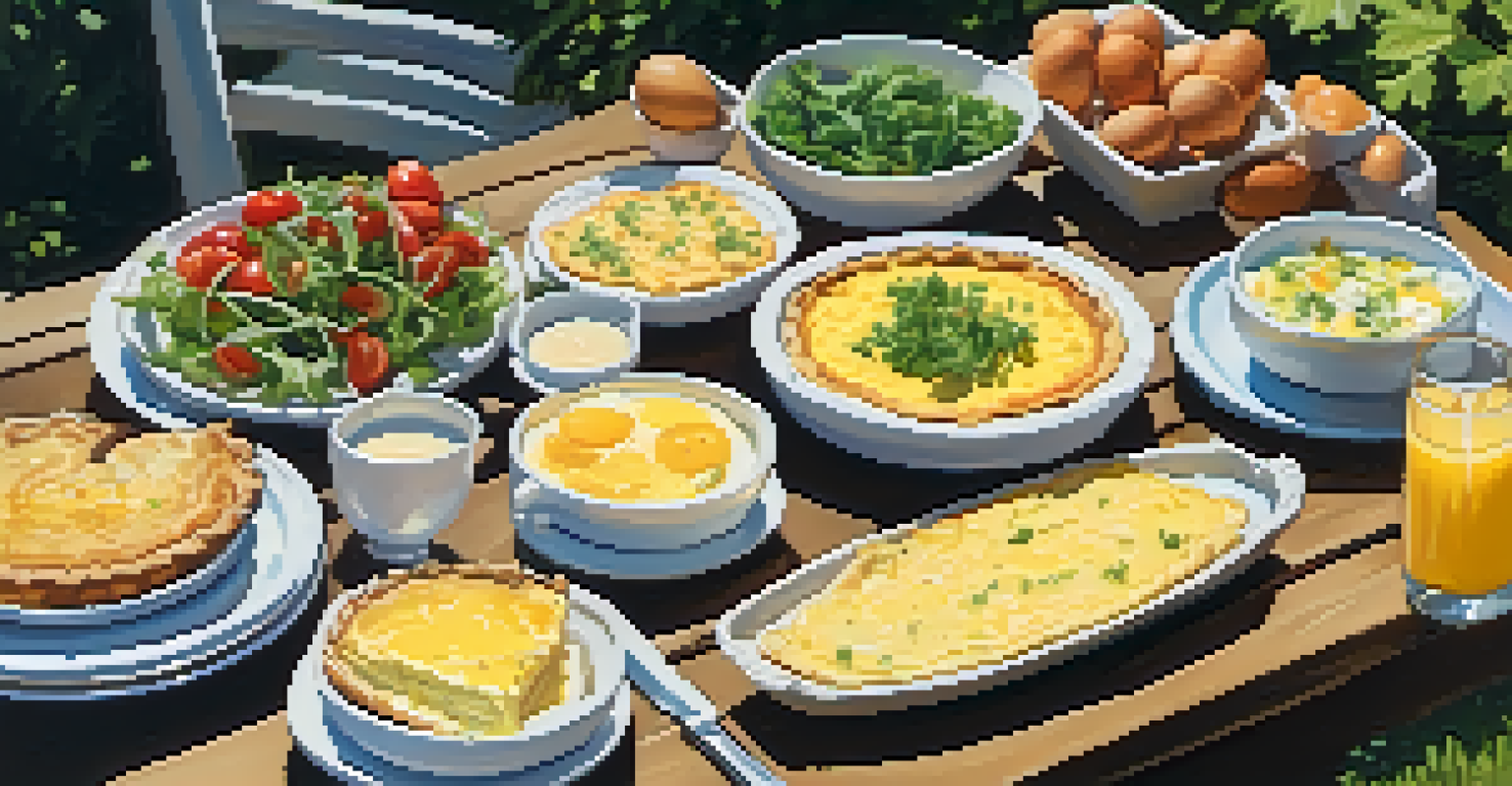 An outdoor brunch spread on a wooden table featuring various egg dishes and a garden salad, illuminated by sunlight.
