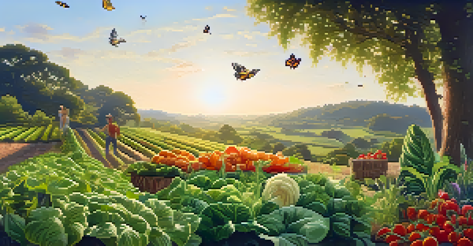 A serene green field with a person tending to plants, surrounded by butterflies and bees in warm afternoon sunlight.