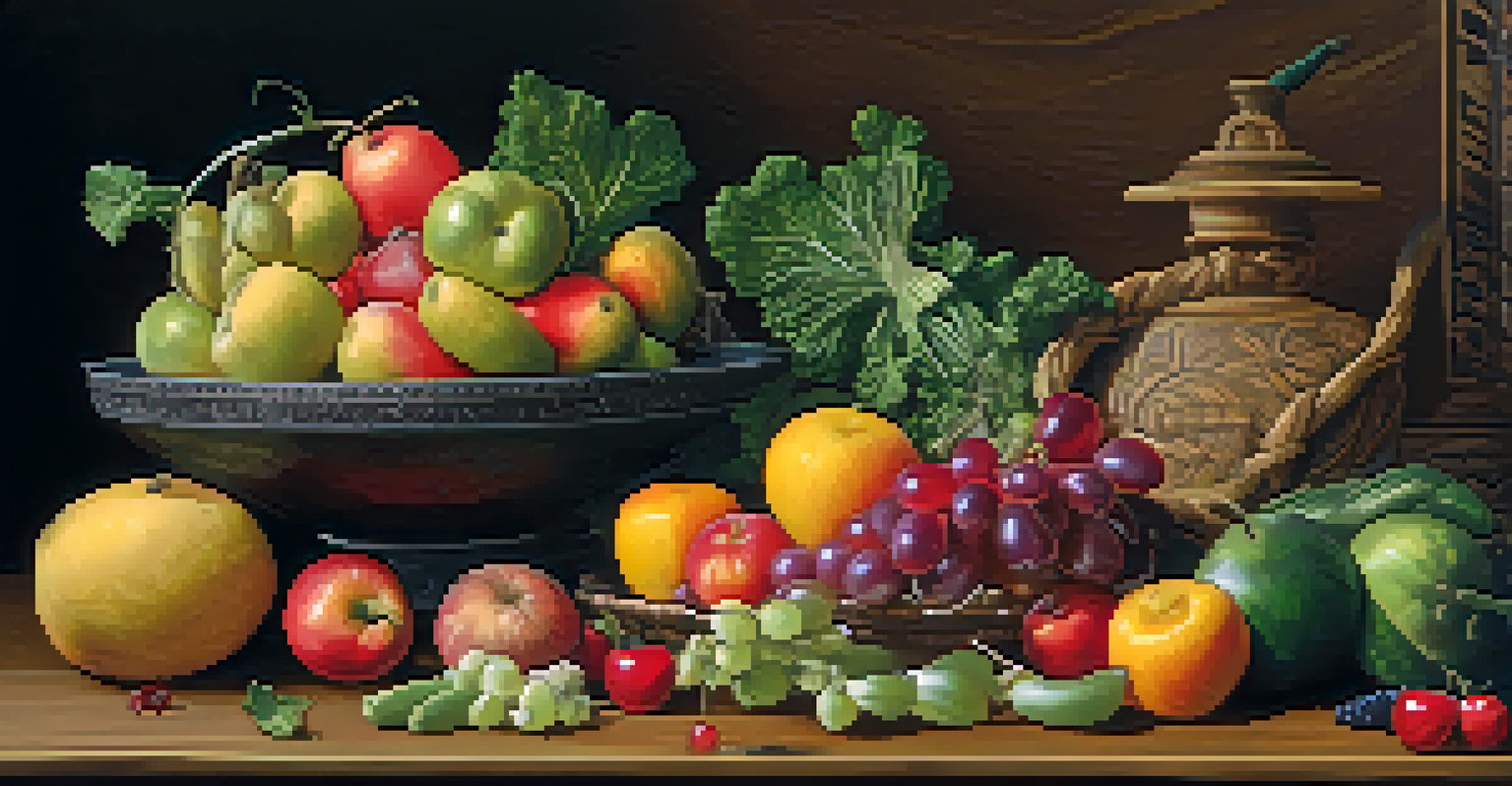 A vibrant still life of fruits and vegetables on a wooden table, with ancient texts subtly visible in the background, representing the history of vegetarianism.