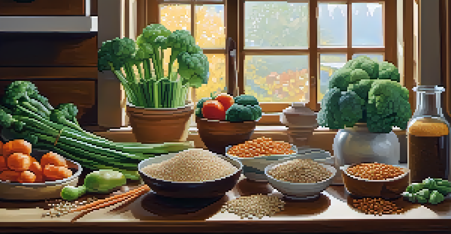 A kitchen counter with whole grains, legumes, and fresh vegetables like carrots and broccoli arranged on a cutting board, illuminated by warm sunlight.