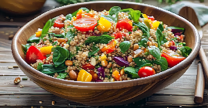 A vibrant quinoa salad with vegetables and nuts in a rustic bowl, set on a wooden table with natural light.