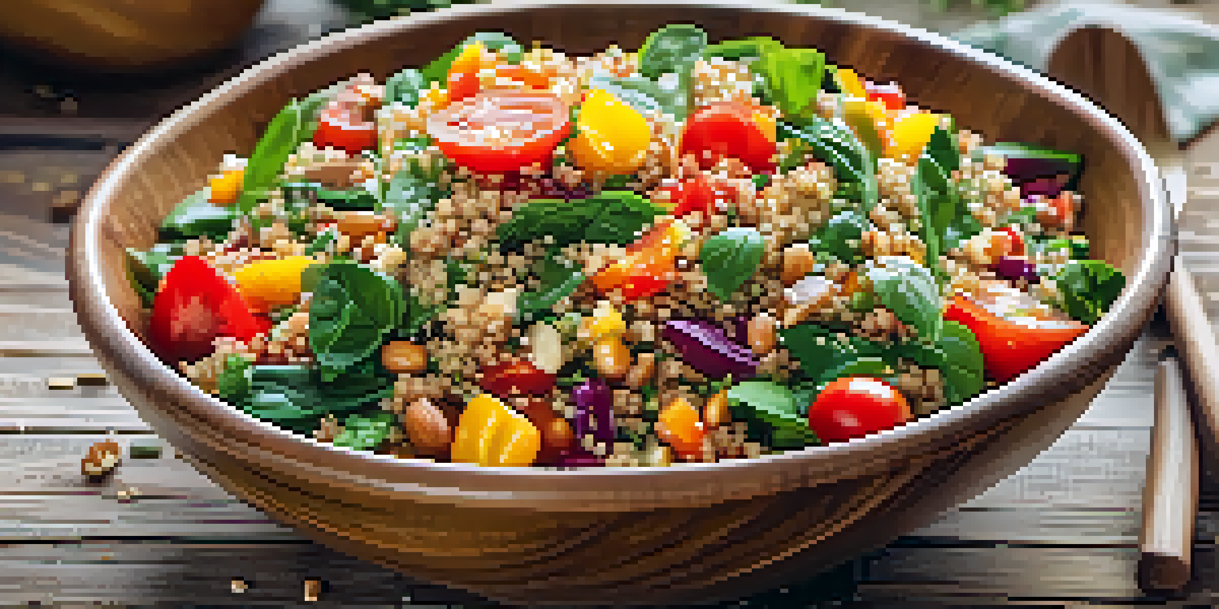 A vibrant quinoa salad with vegetables and nuts in a rustic bowl, set on a wooden table with natural light.
