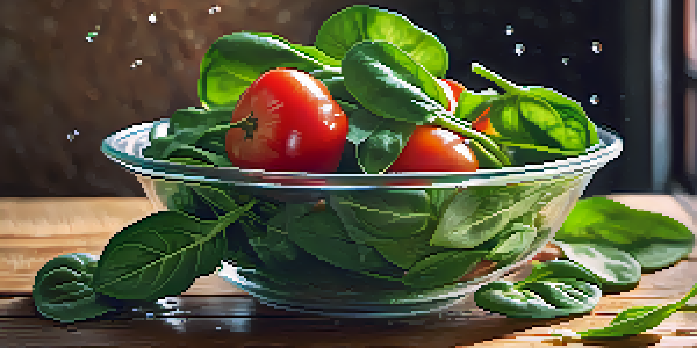 A bowl of fresh spinach leaves with droplets of water, surrounded by tomatoes and nuts on a wooden table, illuminated by natural sunlight.