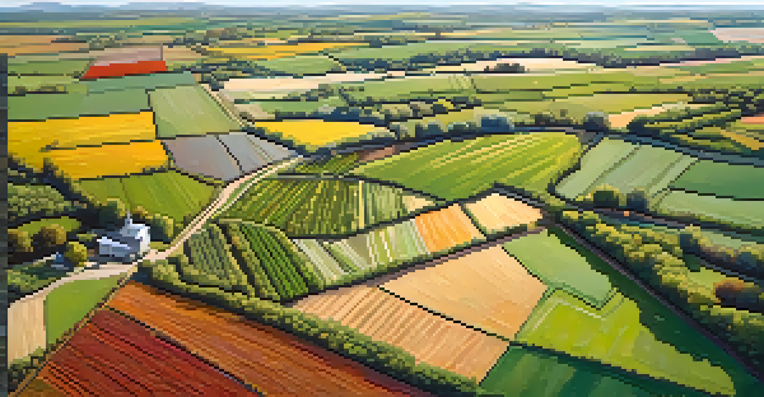 An aerial view of a colorful agricultural landscape with diverse crops and a winding dirt road.