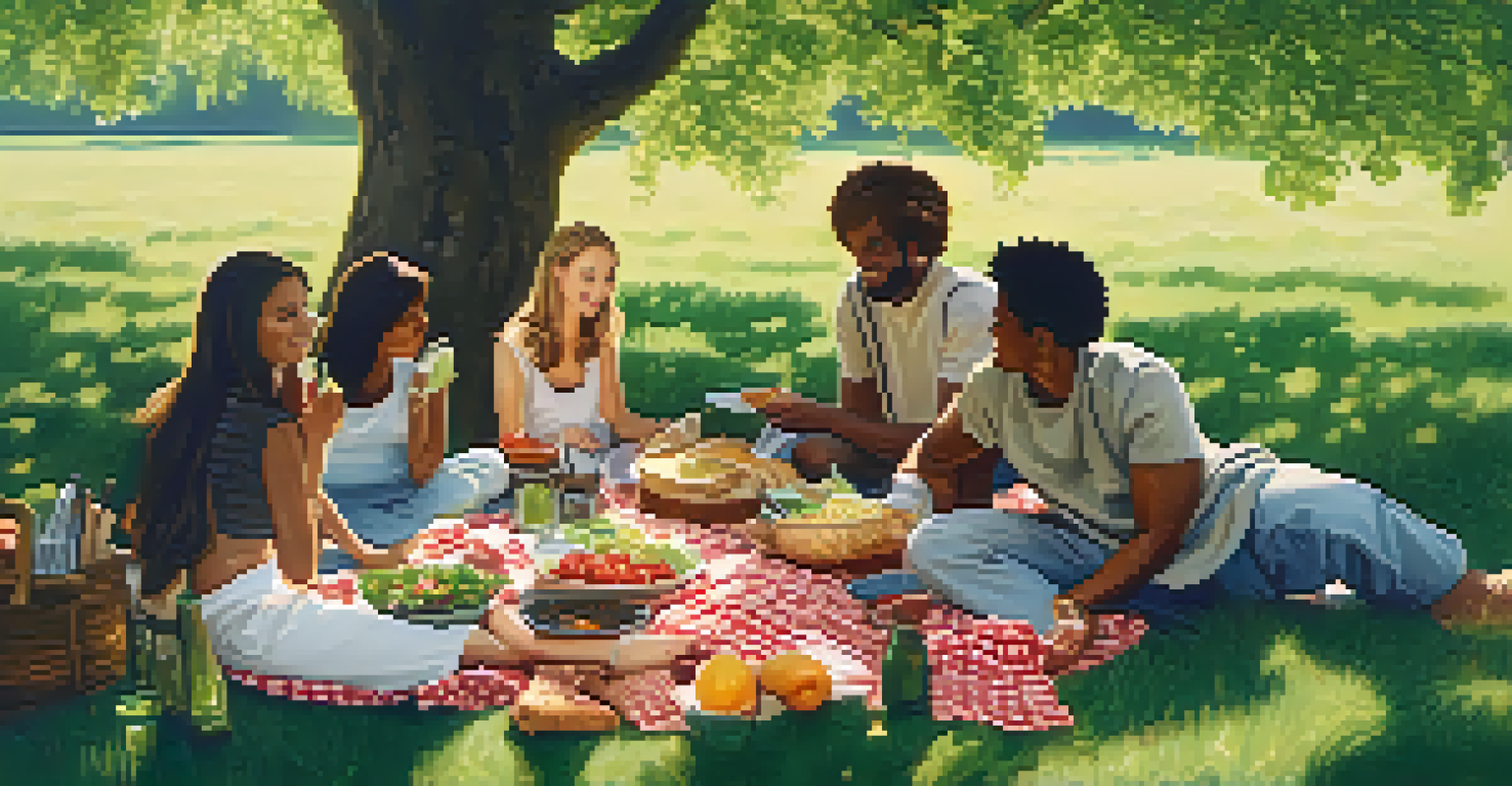 A diverse group of people having a picnic with healthy vegetarian dishes under a tree, surrounded by nature.