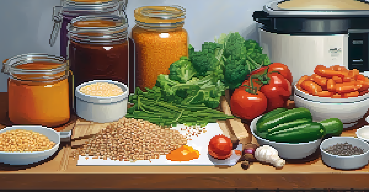 A close-up of a meal prep workspace with chopped vegetables, a bowl of mixed grains, and spices, illuminated by soft lighting.