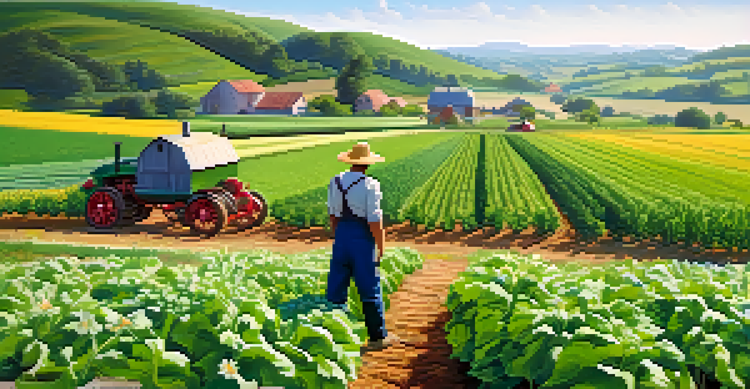 A sustainable farm landscape with a farmer working in lush green fields, surrounded by wildflowers and a bright blue sky.