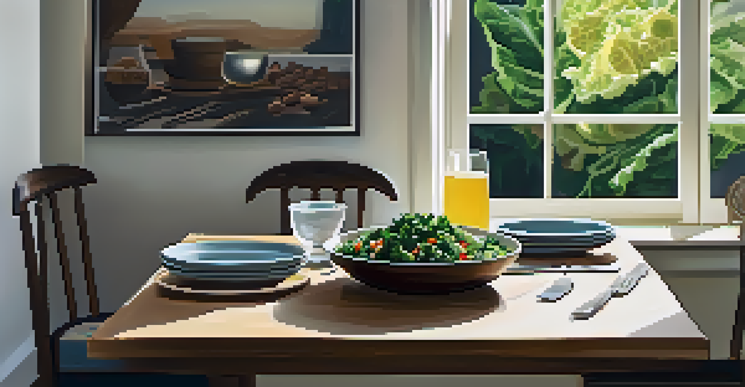 A dining table with a salad of kale, quinoa, and colorful vegetables, set in a peaceful atmosphere with natural light.