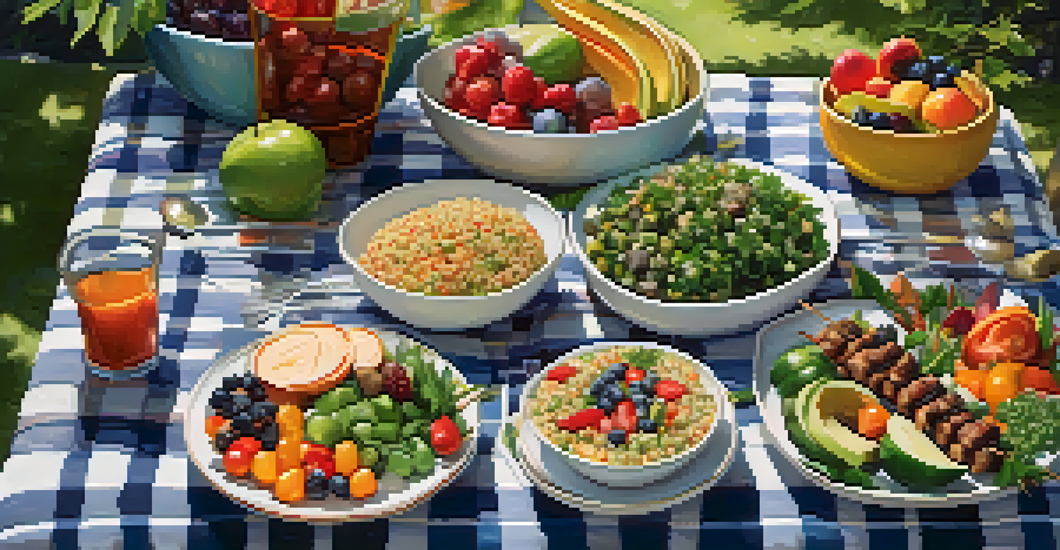 A picnic scene with colorful vegan dishes on a blanket in a green park setting.