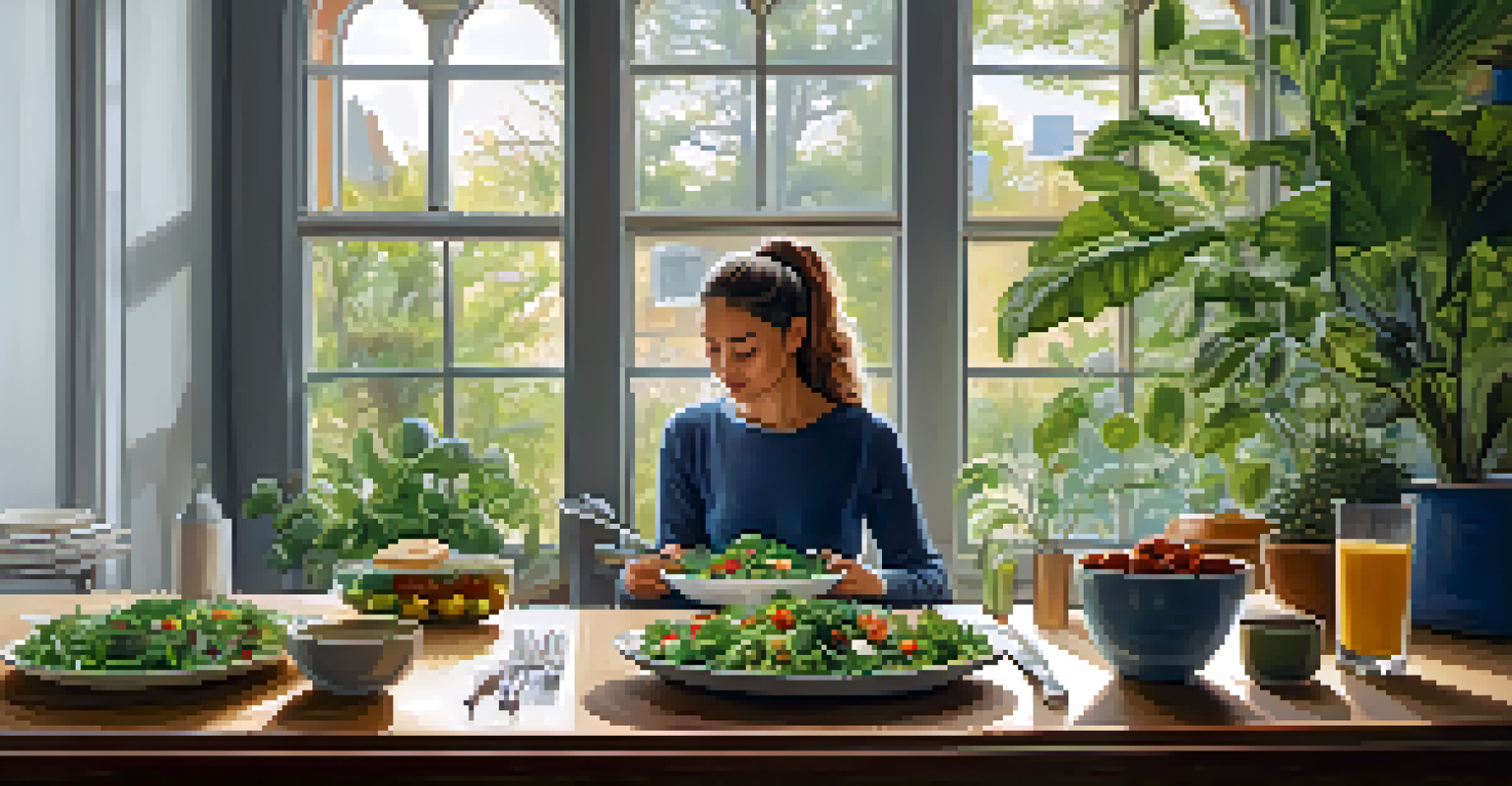 A person practicing mindful eating at a dining table, gently holding a forkful of salad with various plant-based dishes around.