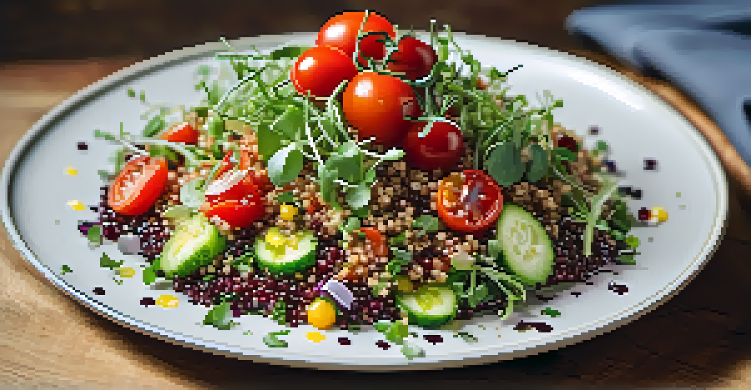 A close-up of a colorful quinoa salad with cherry tomatoes and microgreens on a beautifully plated dish.