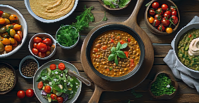 A colorful array of vegetarian dishes displayed on a wooden table, featuring lentil stew, salad, grilled vegetables, and hummus with dipping veggies.