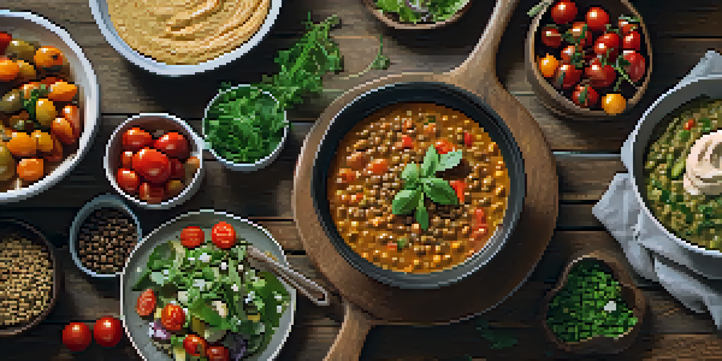 A colorful array of vegetarian dishes displayed on a wooden table, featuring lentil stew, salad, grilled vegetables, and hummus with dipping veggies.