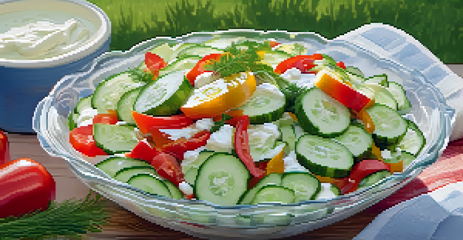 A glass bowl of cucumber and bell pepper salad with fresh herbs, set on a sunny picnic blanket.