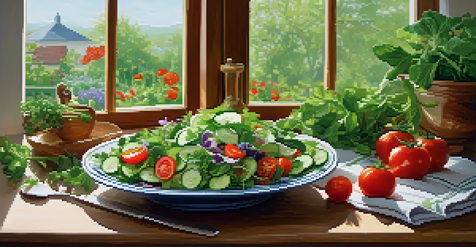 A rustic kitchen table adorned with a colorful seasonal salad made of fresh vegetables, illuminated by natural light from a nearby window.