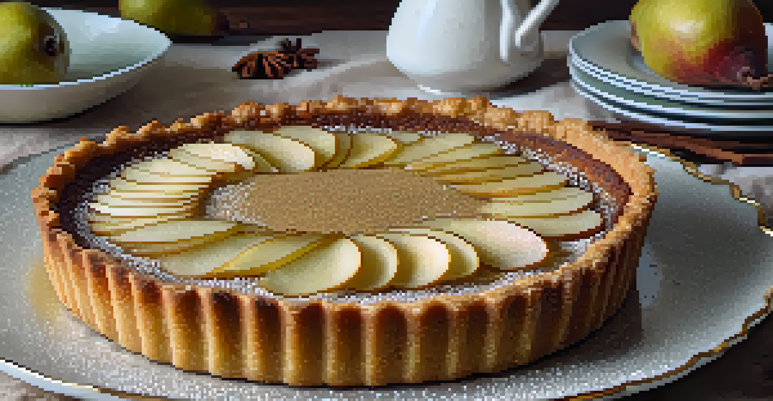 A spiced pear and almond tart on a decorative plate, with poached pears and a sprinkle of cinnamon, in a warm kitchen.