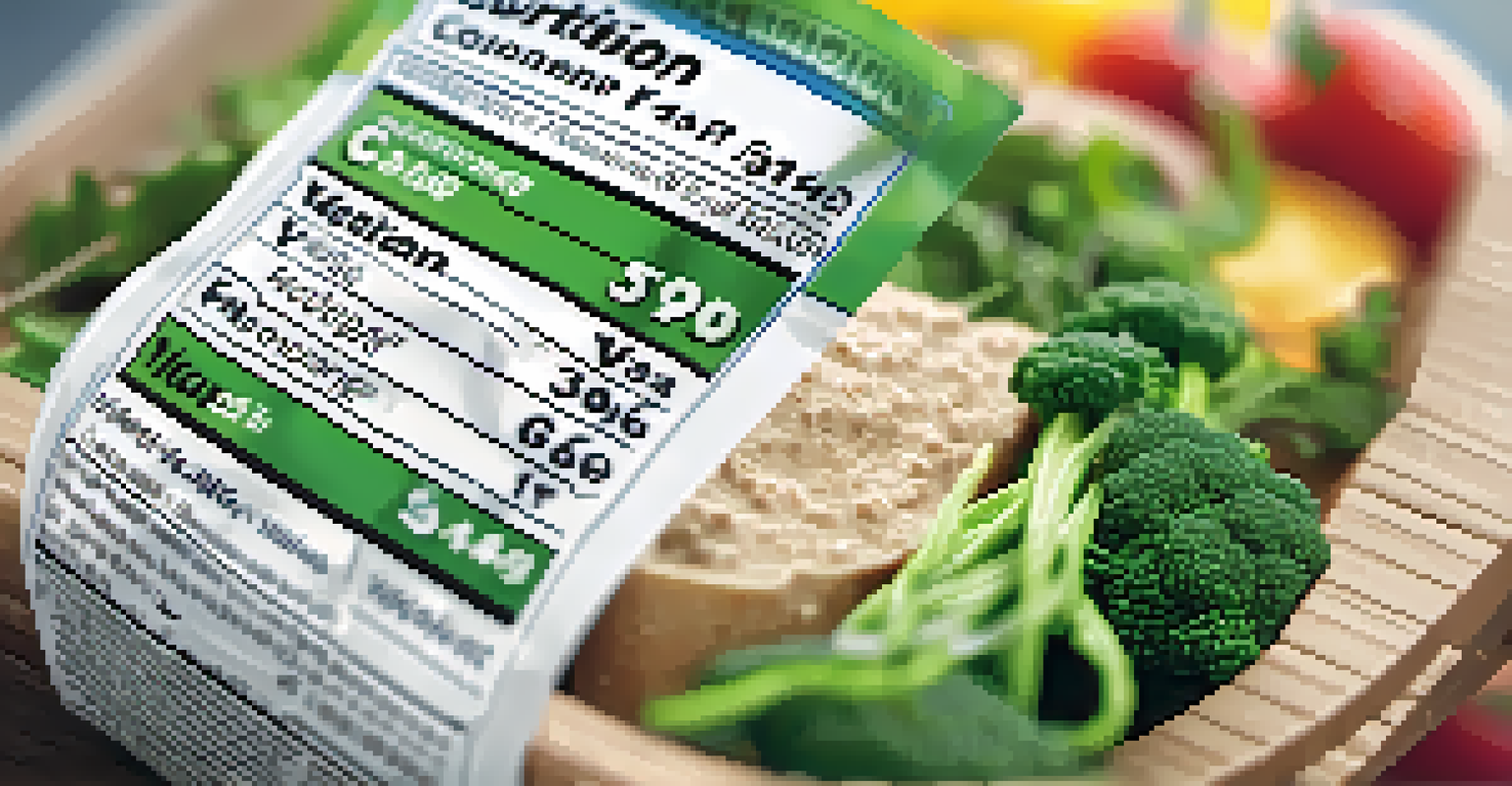 A close-up view of a nutrition label on a vegetarian meal package held by a hand, with green leafy vegetables blurred in the foreground.