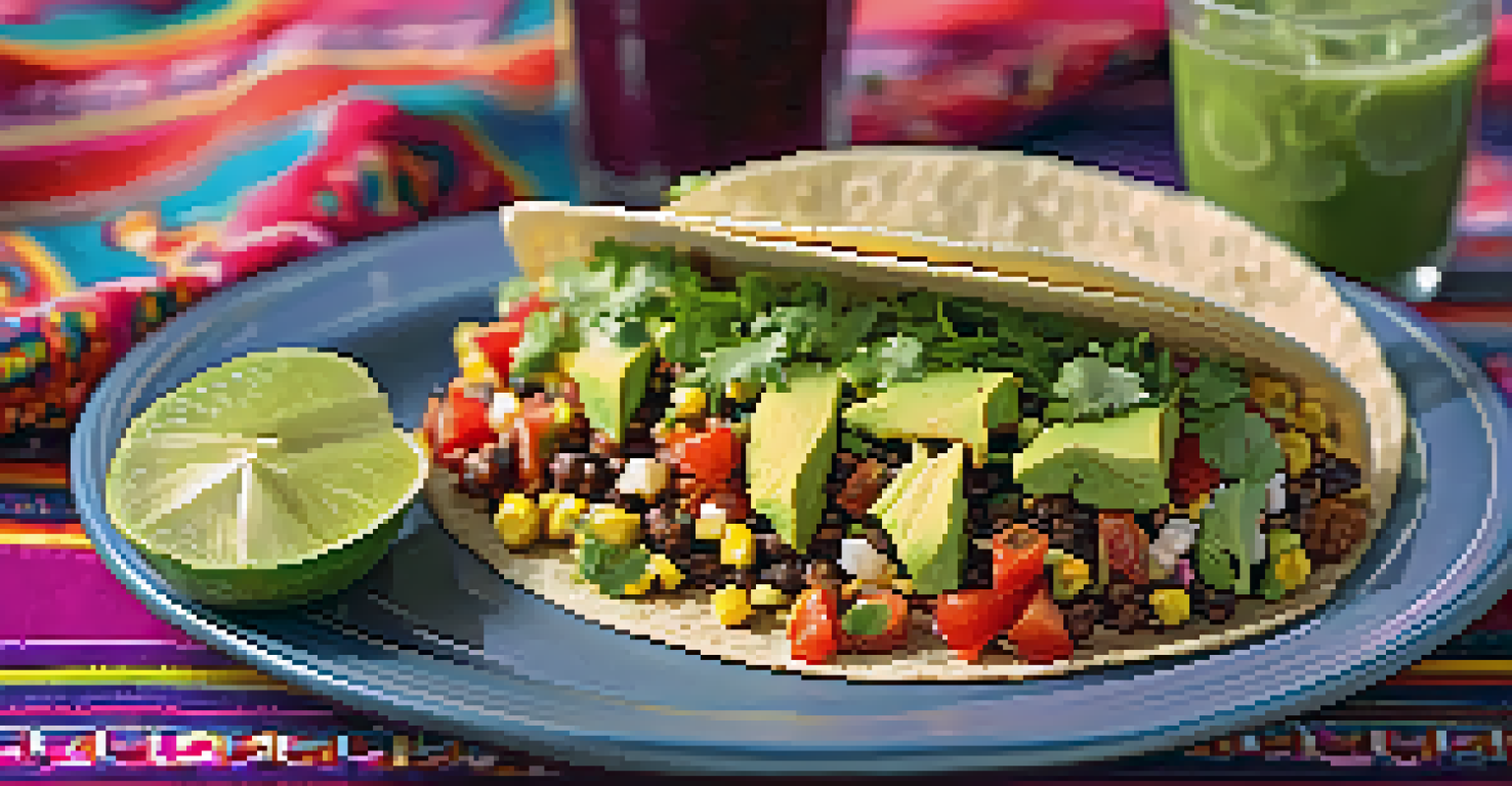 A close-up of a vegetarian taco filled with grilled corn and topped with guacamole, next to a glass of hibiscus agua fresca.