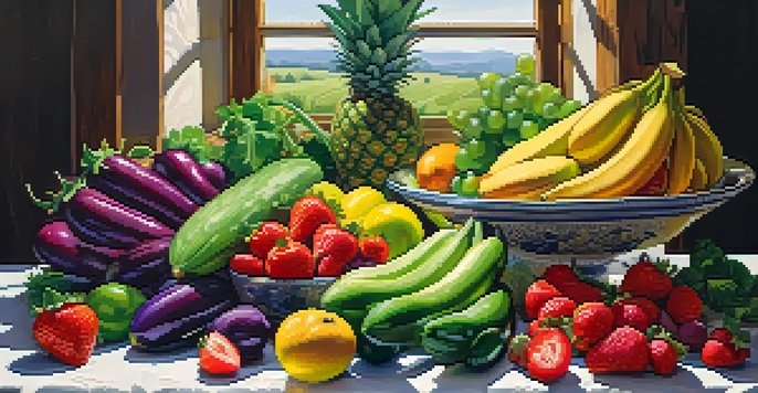 A beautifully arranged spread of fresh fruits and vegetables on a wooden table, showcasing vibrant colors and textures.