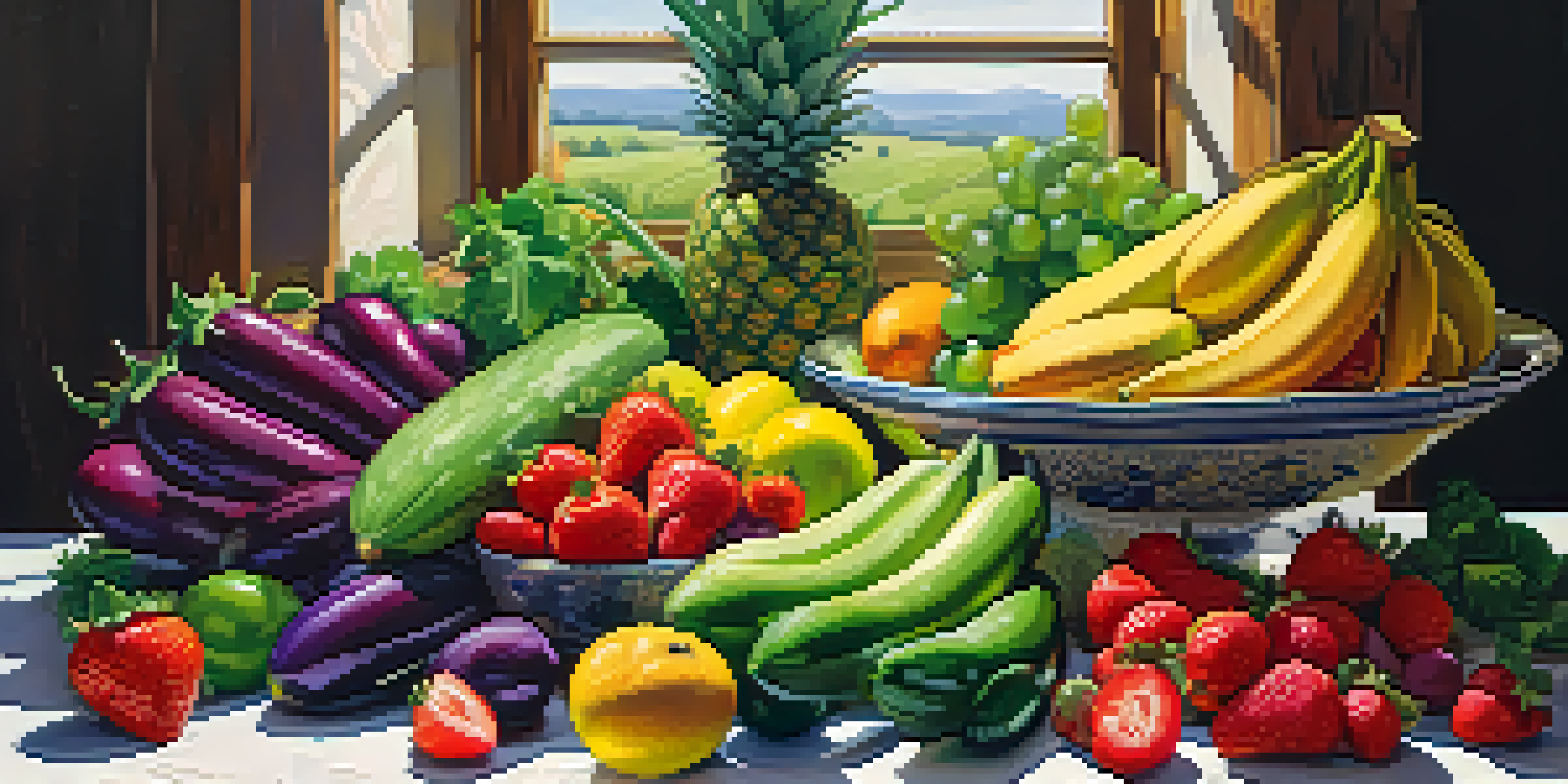 A beautifully arranged spread of fresh fruits and vegetables on a wooden table, showcasing vibrant colors and textures.