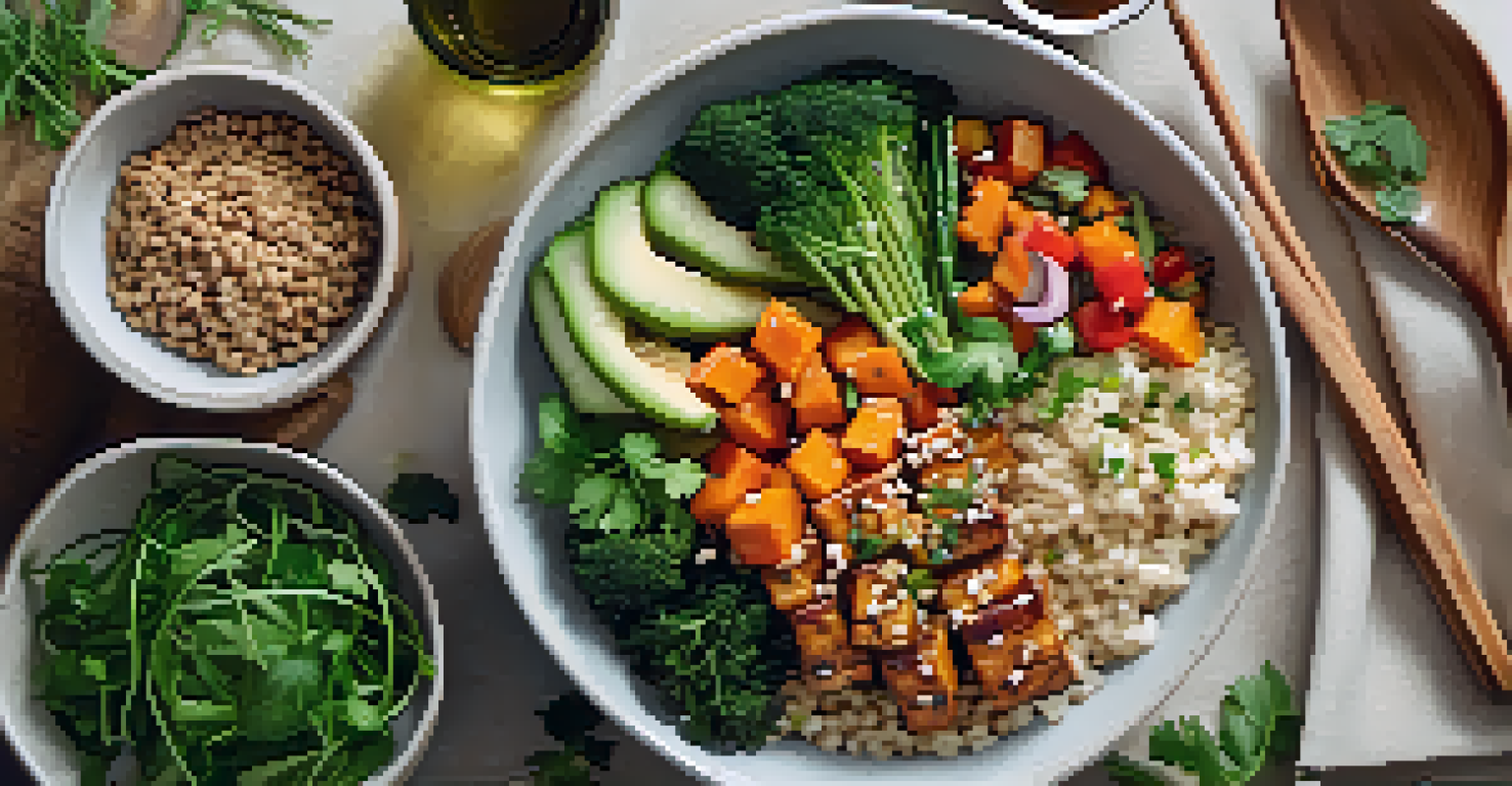 An overhead view of a grain bowl filled with miso-glazed vegetables, tempeh, and pickled vegetables, set in a bright kitchen.