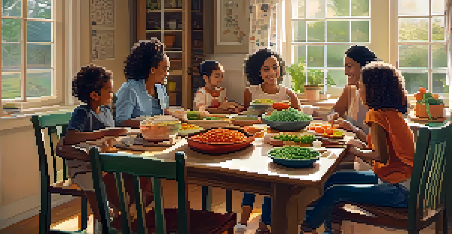 A family in a cozy kitchen, planning a vegetarian meal with colorful ingredients on the table, surrounded by warm light.