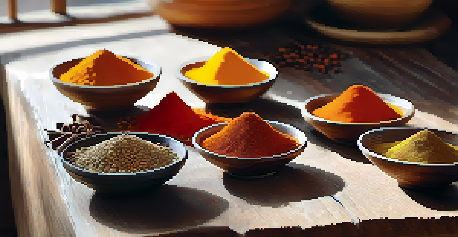An arrangement of colorful spices in small bowls with a wooden spoon sprinkling turmeric and smoked paprika on a rustic countertop.