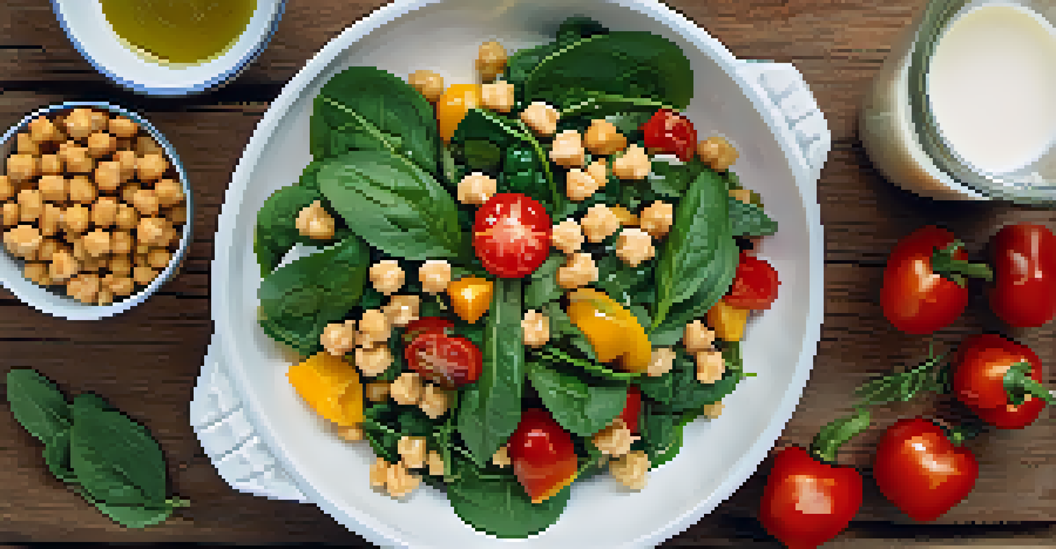 An overhead view of a nutritious vegetarian meal with a fresh salad and a glass of plant-based milk.