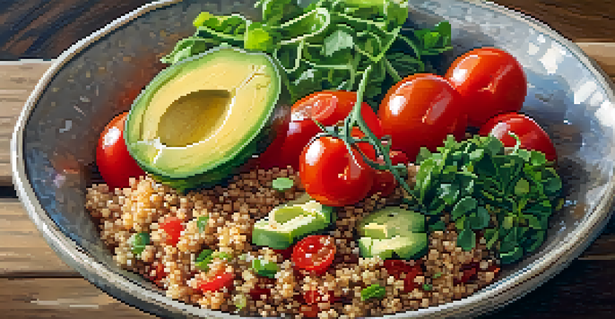 A colorful quinoa bowl with fresh vegetables and herbs on a rustic wooden table, illuminated by soft natural light.