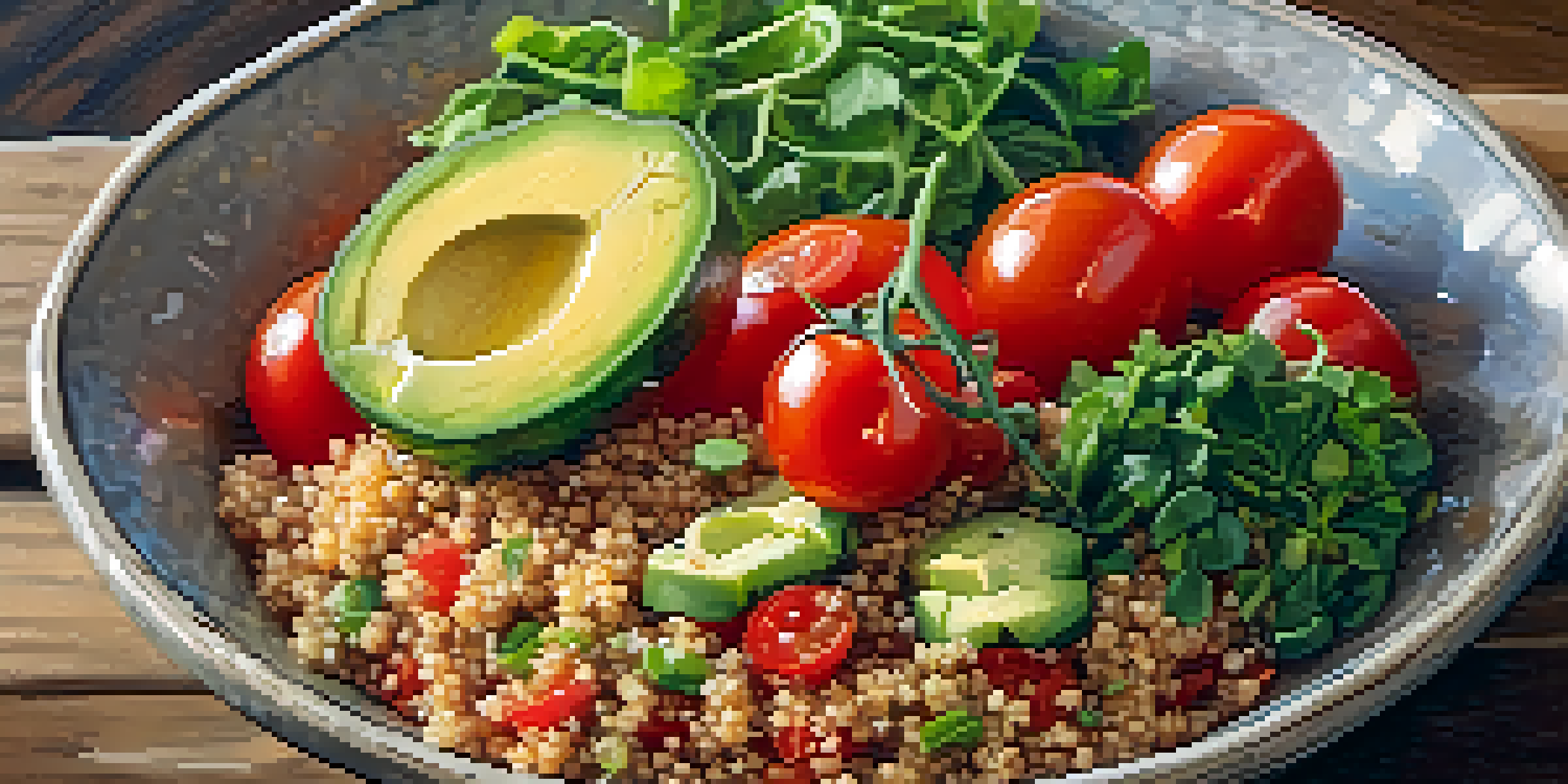 A colorful quinoa bowl with fresh vegetables and herbs on a rustic wooden table, illuminated by soft natural light.