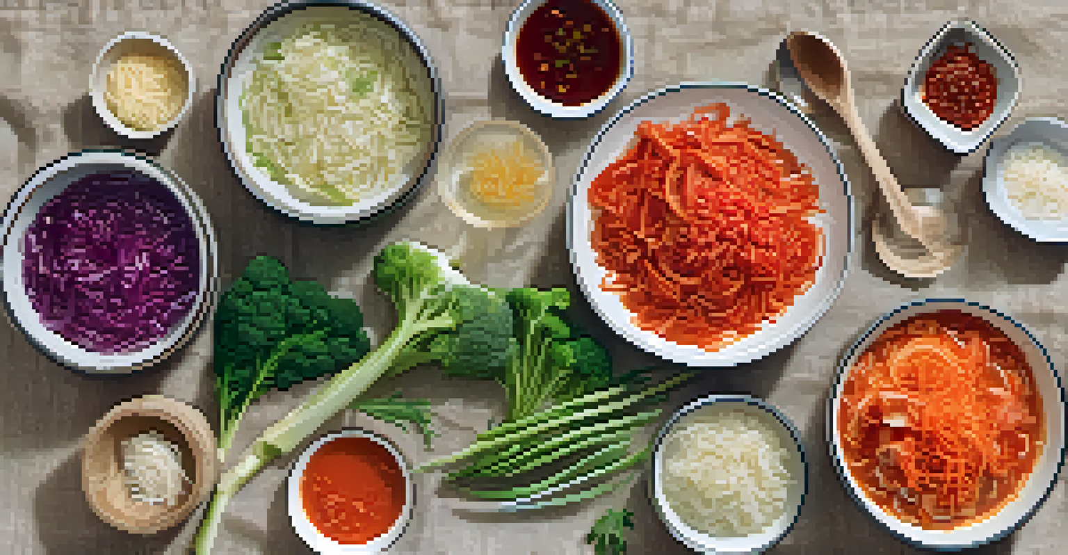 A flat lay of fermented foods, including jars of kimchi and sauerkraut, arranged with vegetables on a linen surface.