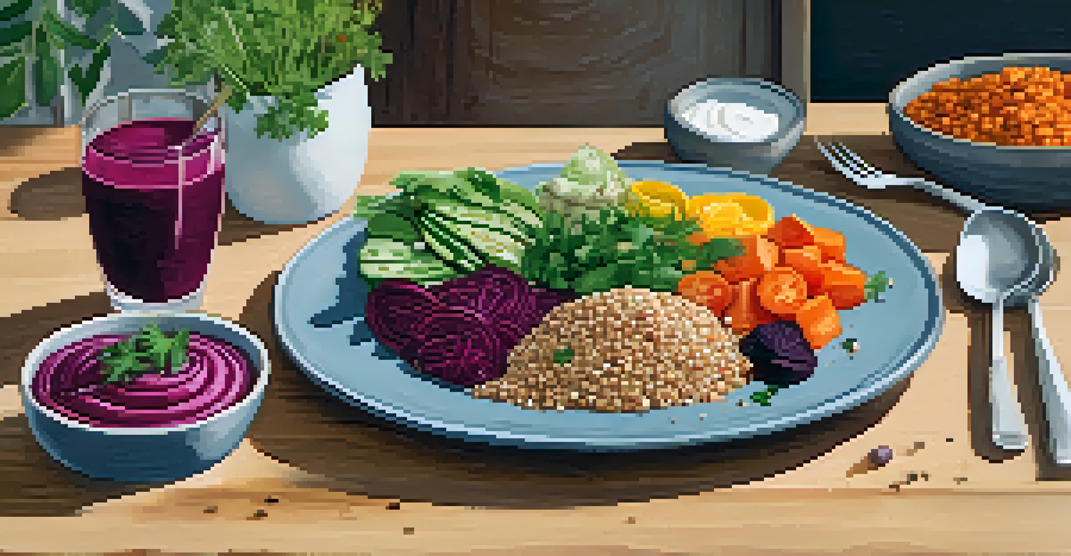 A colorful vegetarian plate with quinoa salad, roasted vegetables, and beet hummus on a rustic wooden table.