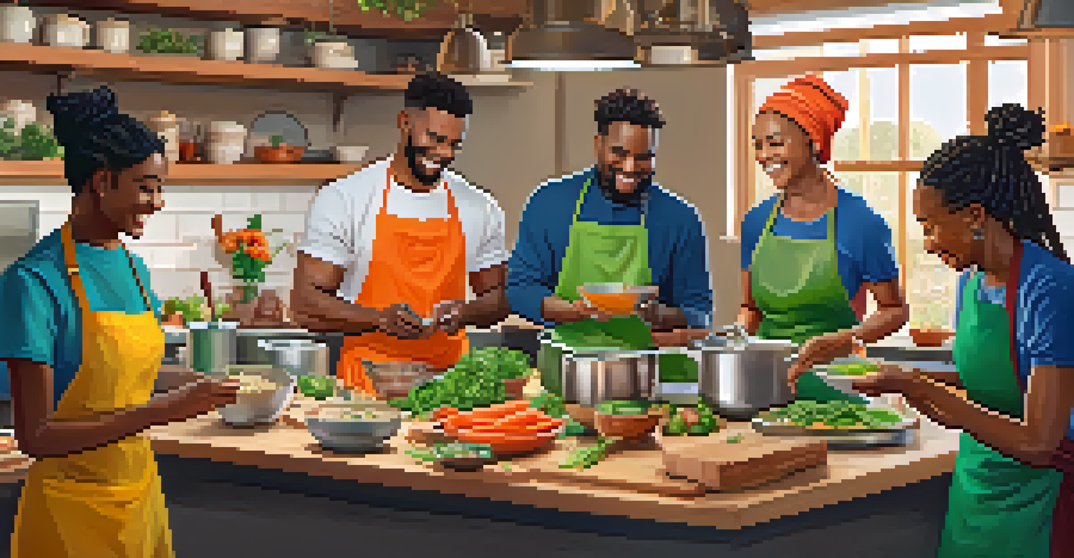 Participants in a cooking class happily preparing vegetarian meals together in a bright and cozy kitchen.