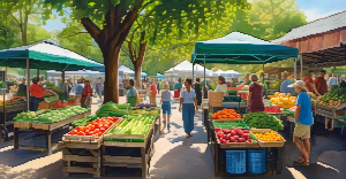 A busy farmer's market with colorful vegetables and fruits, people interacting with vendors under sunlight.