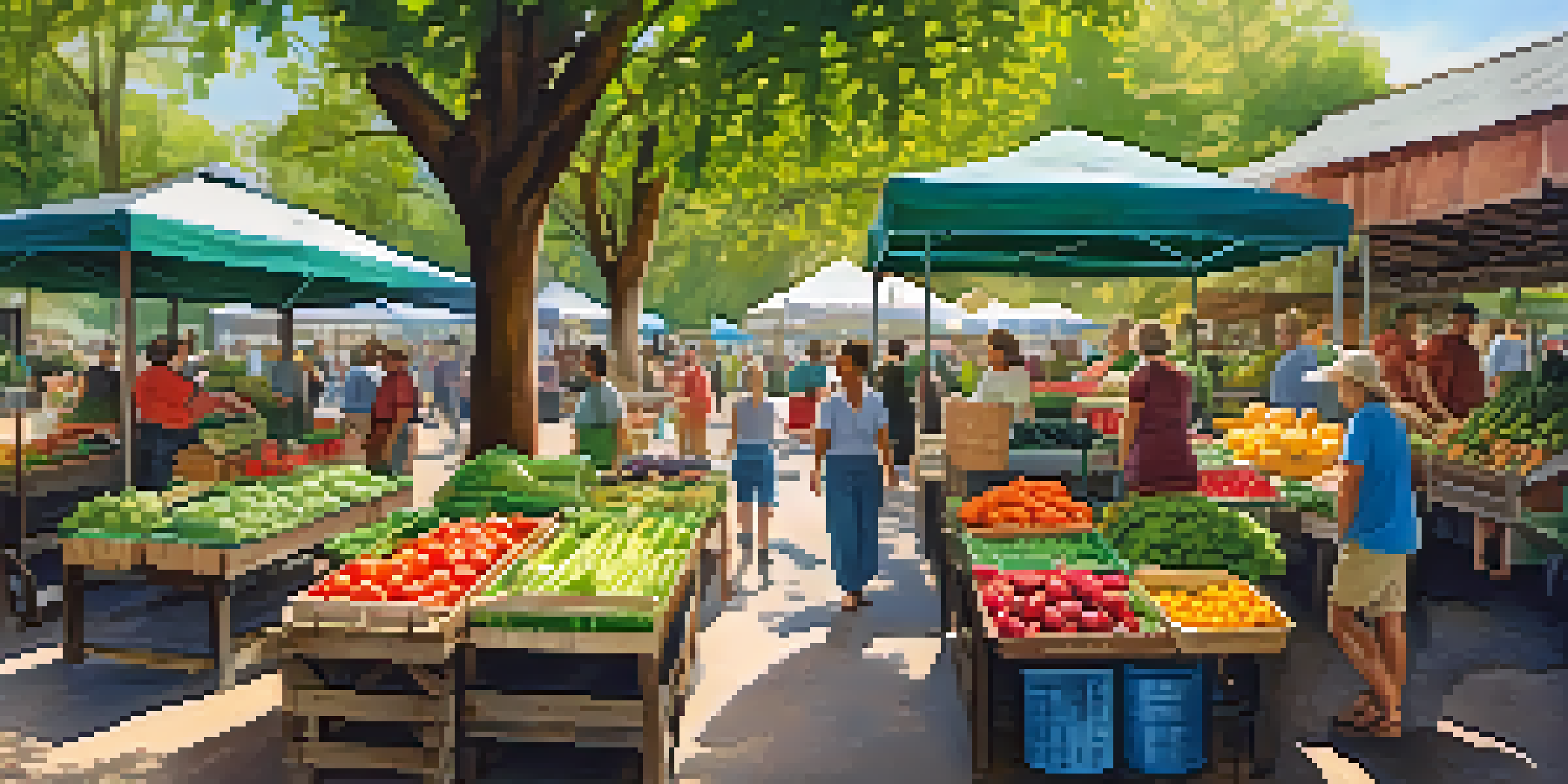A busy farmer's market with colorful vegetables and fruits, people interacting with vendors under sunlight.