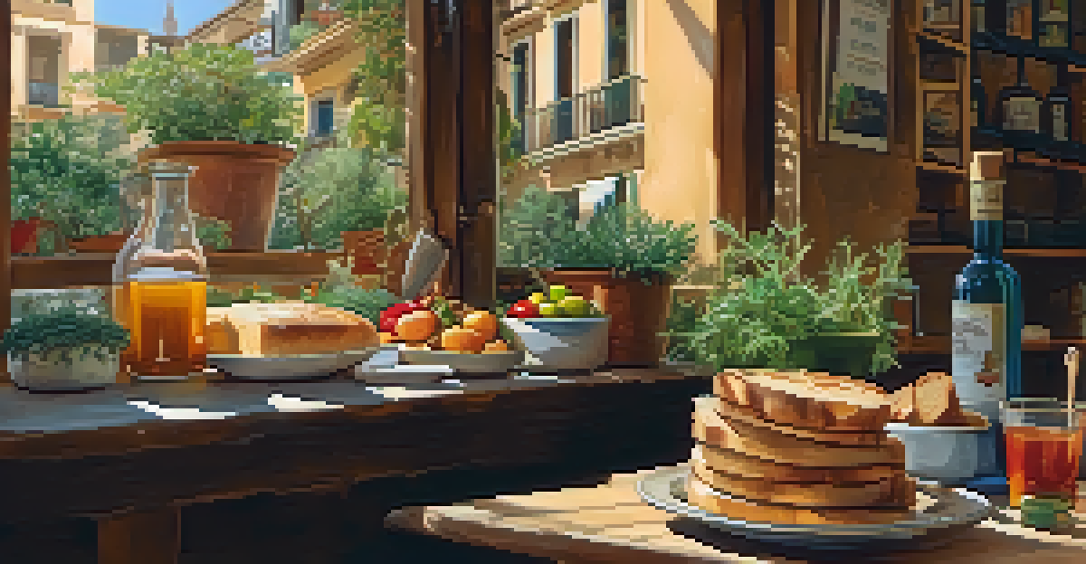 A cozy vegetarian cafe table in Barcelona with vibrant Mediterranean dishes, rustic decor, potted plants, and warm lighting.
