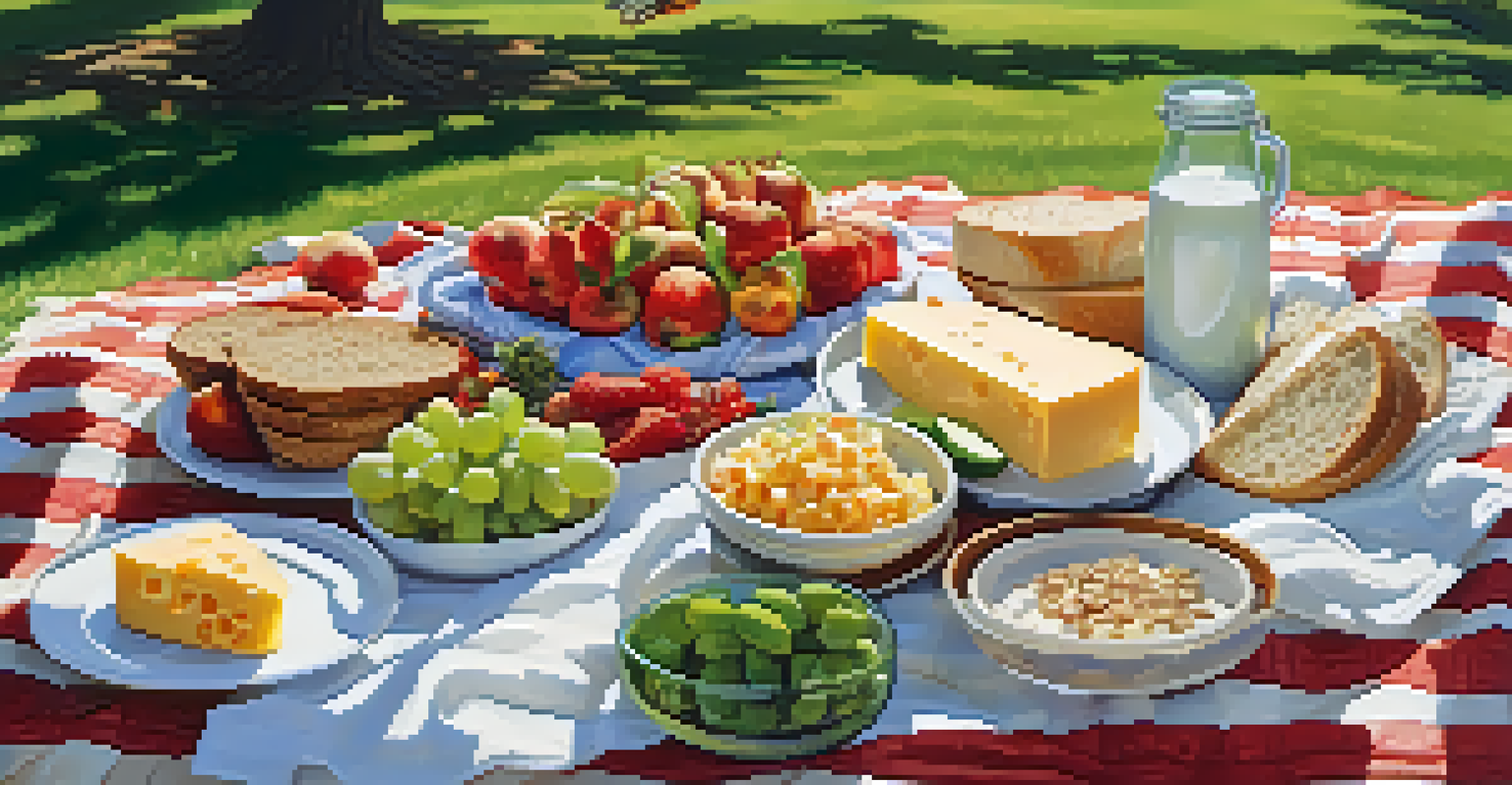 An outdoor picnic scene with a variety of lacto-vegetarian foods laid out on a picnic blanket under trees, with sunlight shining through the leaves.