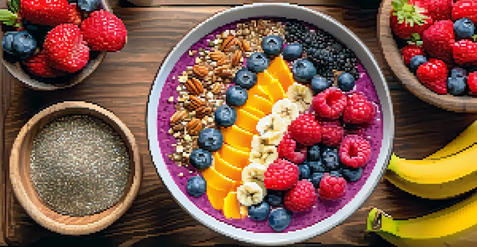 A colorful smoothie bowl filled with chia seeds, flaxseeds, walnuts, and topped with fresh fruits like bananas and berries, on a wooden table with natural sunlight.