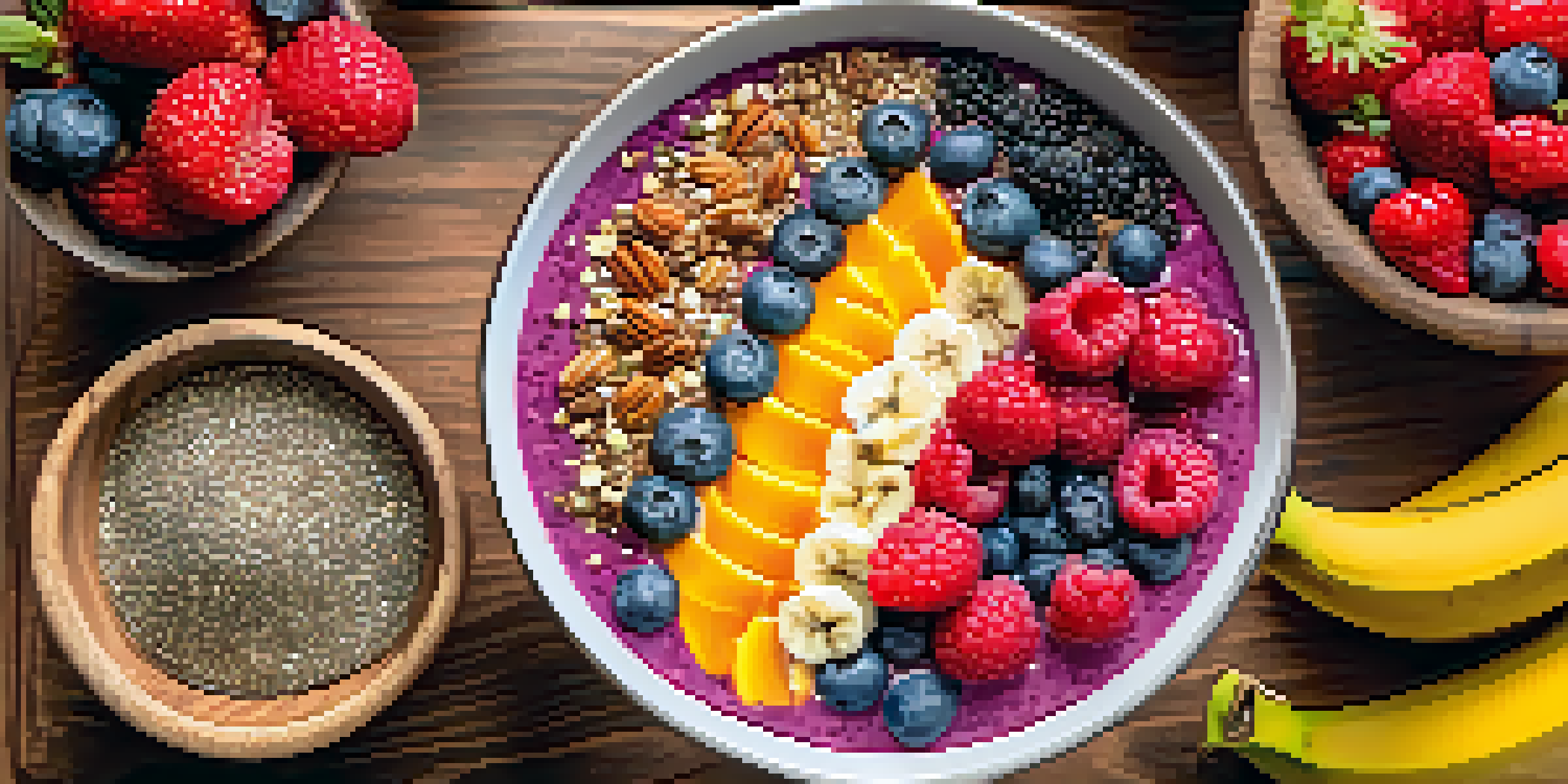 A colorful smoothie bowl filled with chia seeds, flaxseeds, walnuts, and topped with fresh fruits like bananas and berries, on a wooden table with natural sunlight.