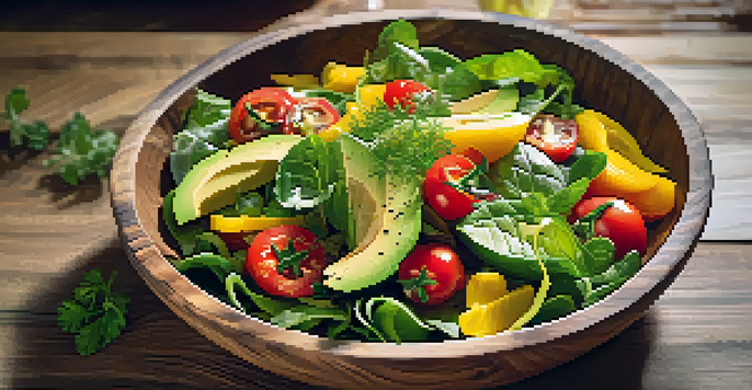 A colorful raw salad with leafy greens, cherry tomatoes, and avocado in a wooden bowl, surrounded by fresh herbs.