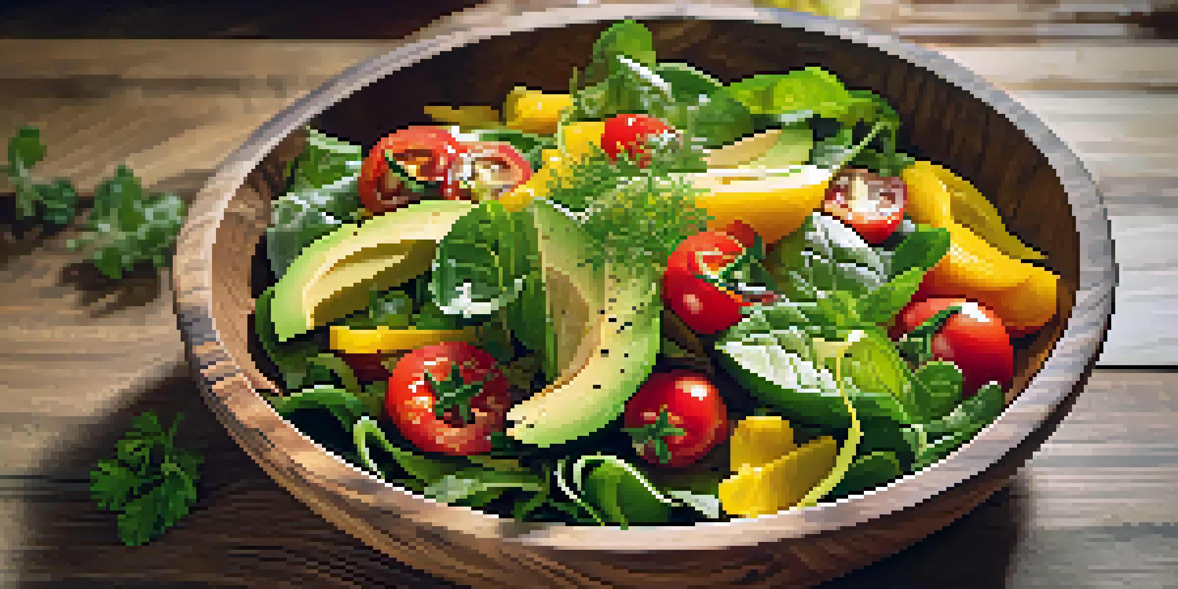A colorful raw salad with leafy greens, cherry tomatoes, and avocado in a wooden bowl, surrounded by fresh herbs.