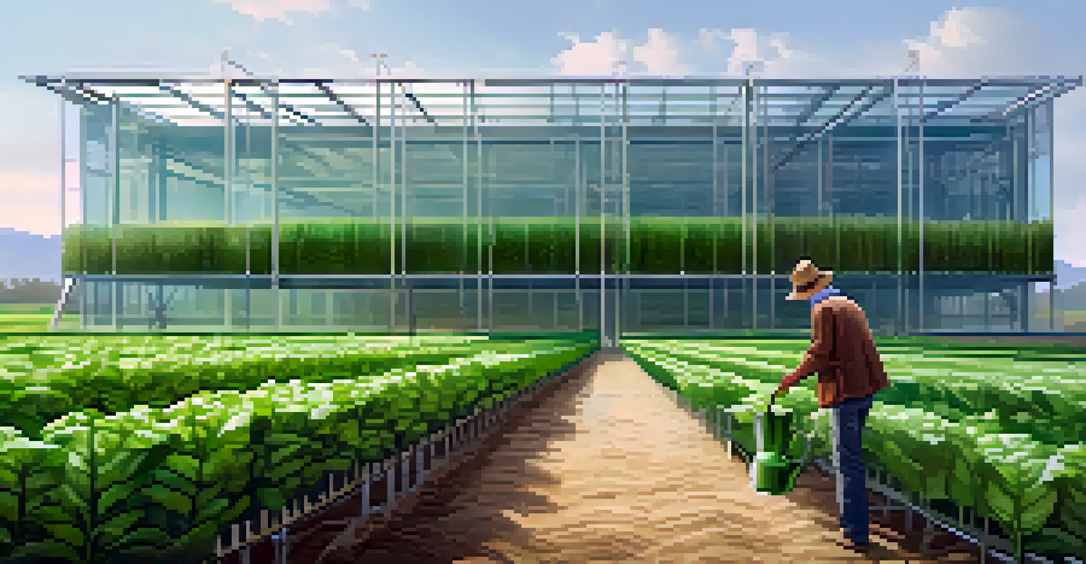 A modern vertical farm with layered crops, a farmer watering plants in the foreground, surrounded by a bright and sunny landscape.