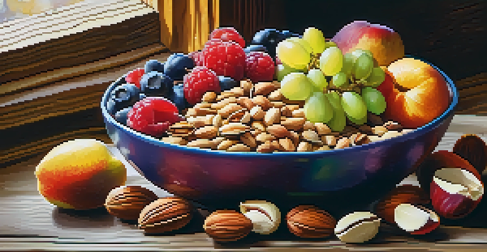 A bowl filled with nuts, seeds, and fruits on a wooden table, showcasing healthy food options rich in omega-3 fatty acids.